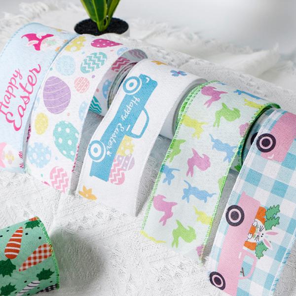 Printed Colored Egg Happy Easter MSD OEM White Ribbon Wired Edge Easter Burlap Ribbon