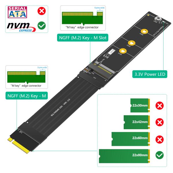 M.2 NVMe SSD Extension Cable 20cm High Speed 64Gbps