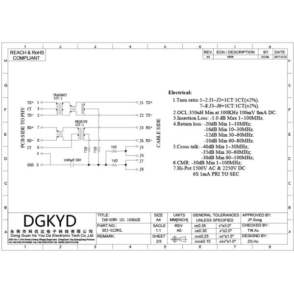 Front Pin Integrated Magnetics RJ45 Modular Jack With Copper Alloy Shell