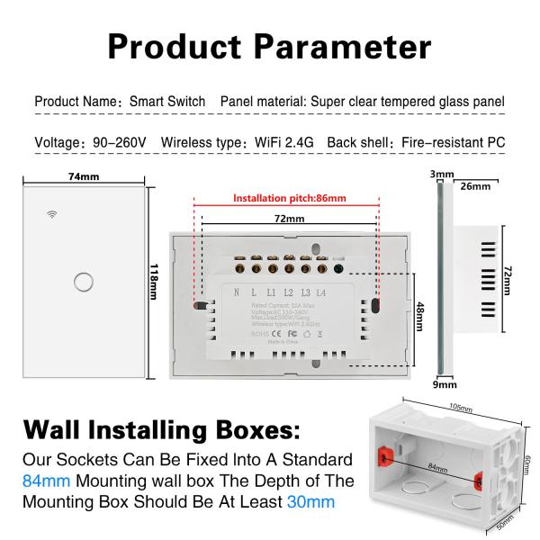 2Gang Live Wire Control Tuya Smart Light Switch WI FI Embedded Installation with 5-400W Maximum Load