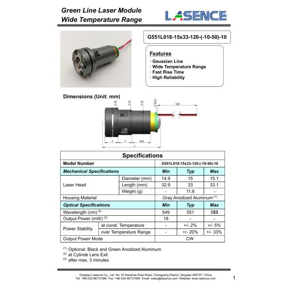 Self-contained Green Line Laser Modules with Integrated Driver Circuit Compact Design