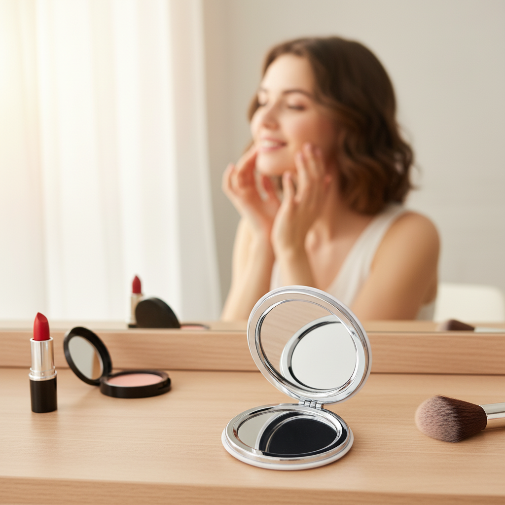 Portable cosmetic mirror demonstrating size comparison and storage options