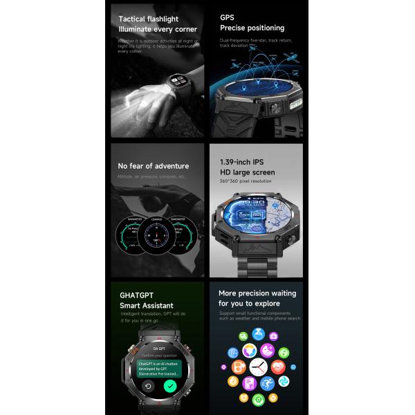 KC91 GPS smart watch 1.39''screen support GPT flashlight bluetooth multiple sports