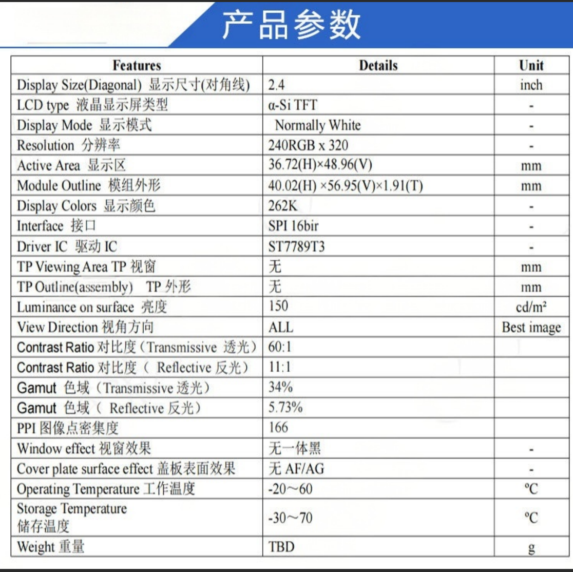 2.4" Transflective Bar TFT LCD Module,240X320 Resolution,SPI 16bir Interface, Driving IC ST7701S,ALL o'clock ,G+FF,150nit