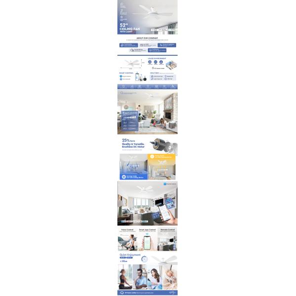 DC Remote Control 6 Blades ABS Ceiling Fan with LED Light Source and Consumption