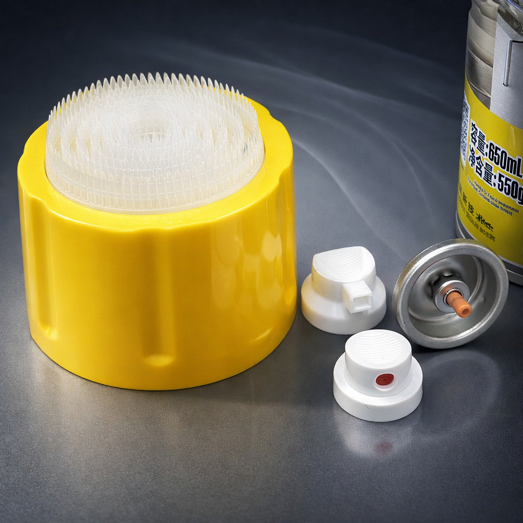 Foam applicator valve and cap assembly - close-up detail