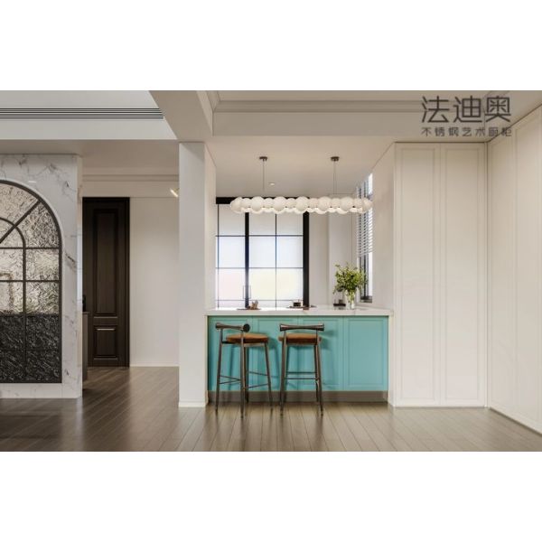 Fadior Stainless Steel Art Kitchen Cabinet - Turquoise & White Tone, L-Shaped Layout, Premium Hardware & Custom Storage - L-shaped layout with interior organization