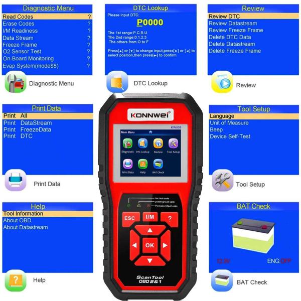 Vehicle Tools OBD2 Auto Diagnostic Scanner Konnwei Fault Code Reader KW850 CE ROHS