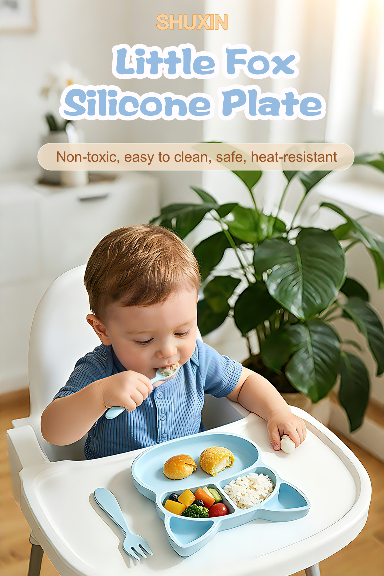 Modern Baby Feeding Set Including Food Grade Silicone Non Toxic Divided Dining Dish Microwave Dishwasher Safe Components