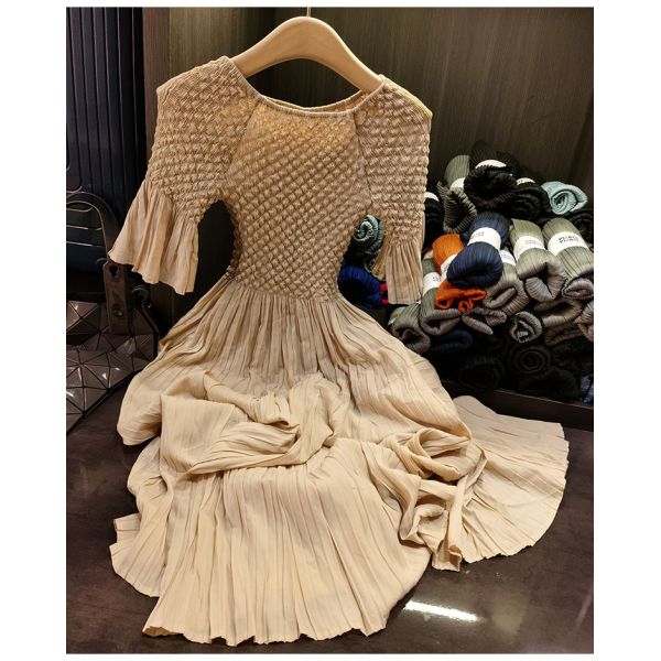 High-End Mid-Length Dress Versatile Temperament with Slimming Effect Solid Color Woven Plain Dyed