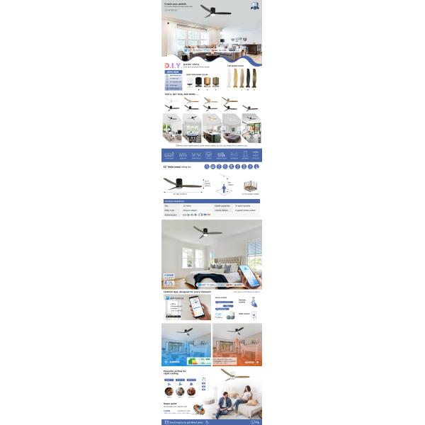 Wooden Blades Flush Mount Smart APP Control Ceiling Fan With Light