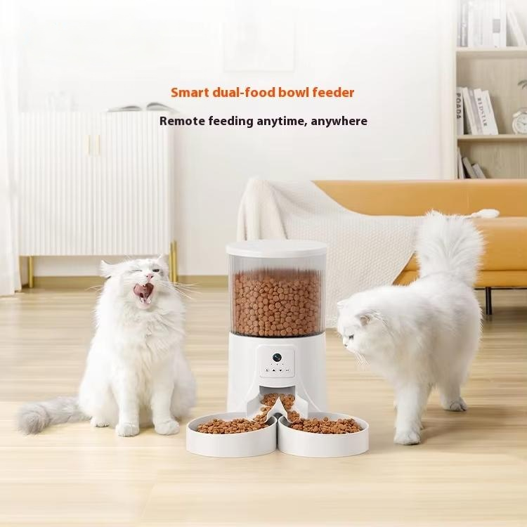 4L Dual Automatic Pet Feeder 1080P Camera Voice Control Timed Quantitative Double Bowl for Cats Dogs Battery Operated Plastic