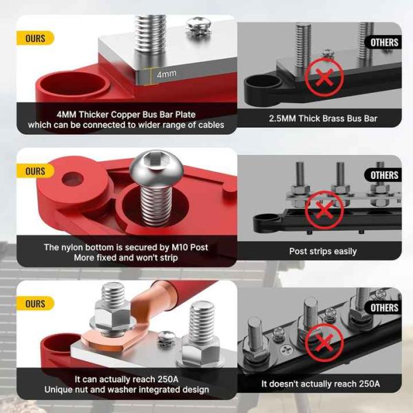 250A 12V 3/8" 4 Stud Power Distribution Block For Auto / Marine Battery