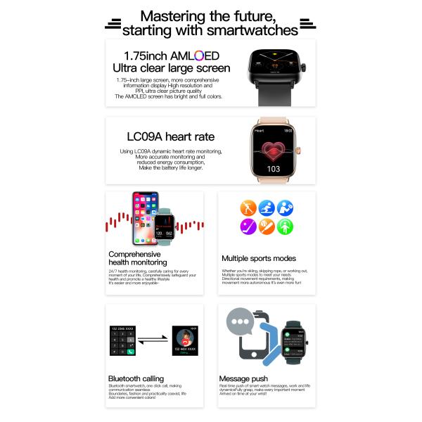 RTOS Operating System Square Shape Smart Watch 1.75”Screen IP67 Waterproof JL7012 Chip