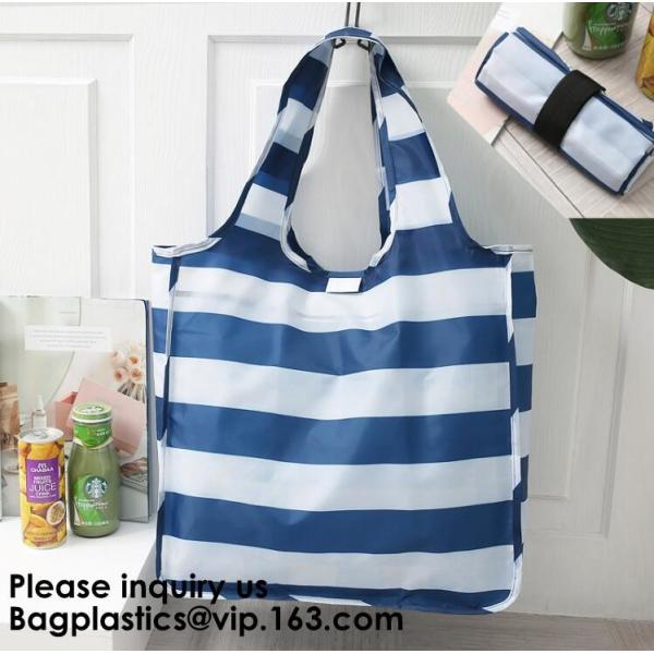 Printing Logo Polyester Handled Foldable Tote Bag With Snap Closure Foldable Bag Pocket Folding Nylon Shopping Bag