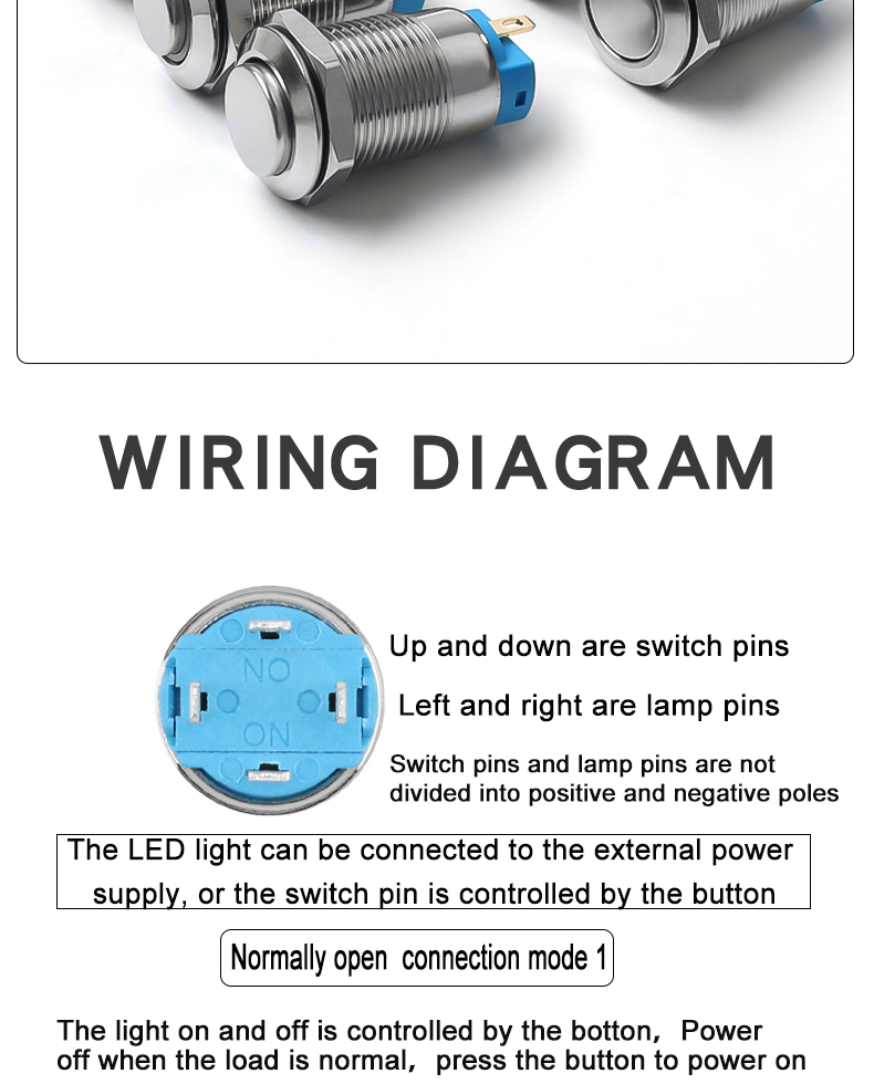 12mm Waterproof IP65 Push Button Switch Self-Locking 1NO High Level Flat Head/High Head On-Off Operation
