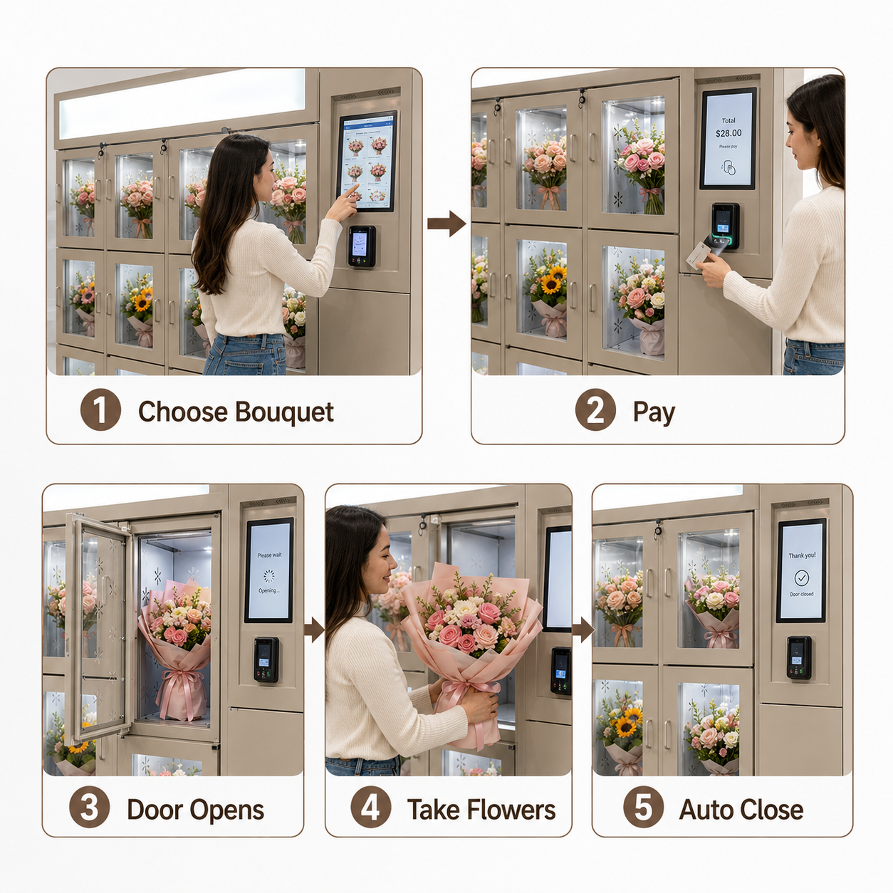 Refrigerated Touchscreen Flower Vending Machine with Multiple Payment Options for Fresh Bouquets