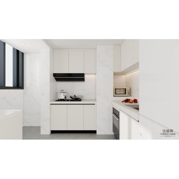 Fadior Full Stainless Steel White Custom Kitchen Cabinet with Modern Layout & Integrated Storage Solutions - feature detail