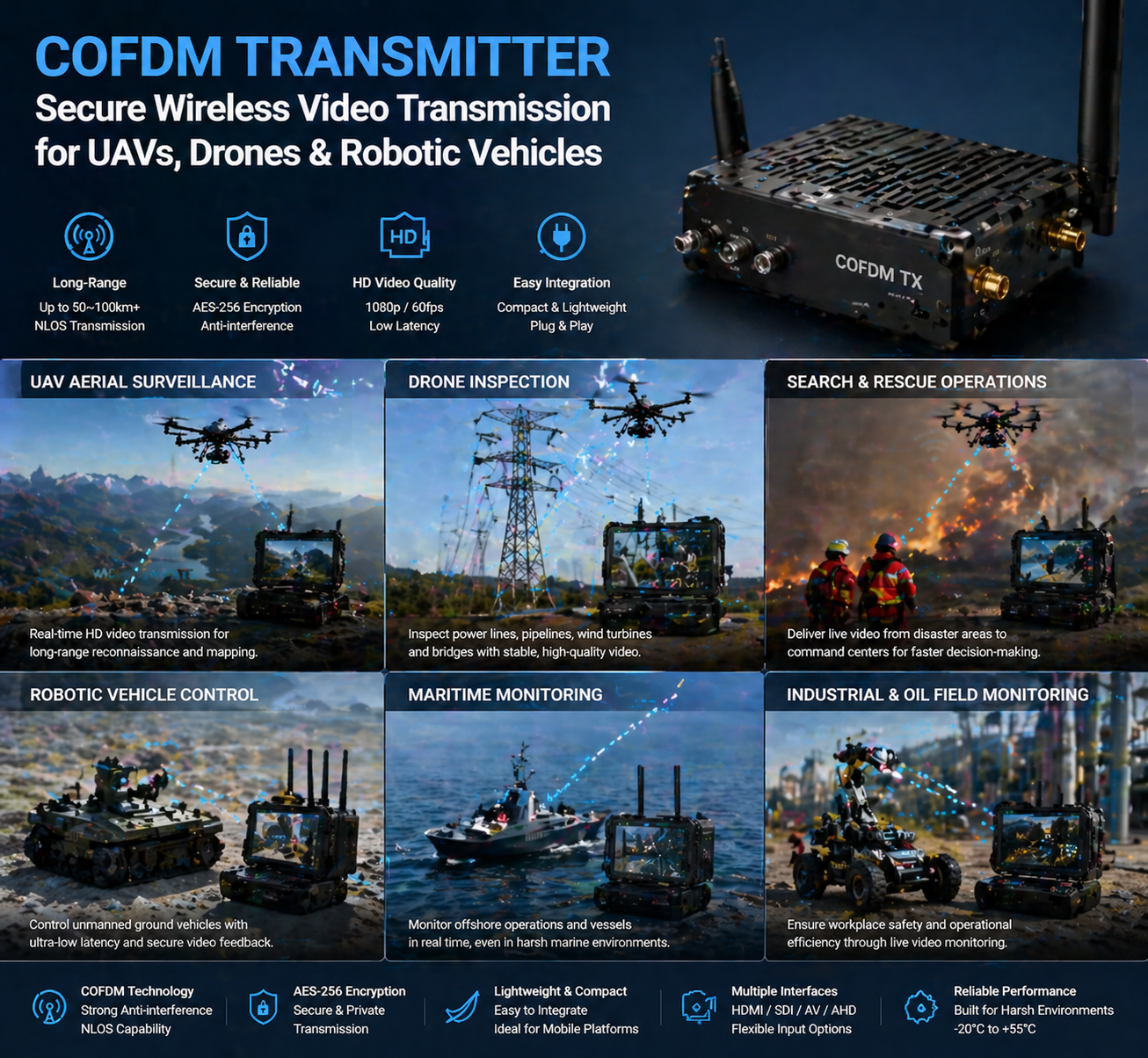 COFDM transmitter application diagram showing use cases and deployment scenarios
