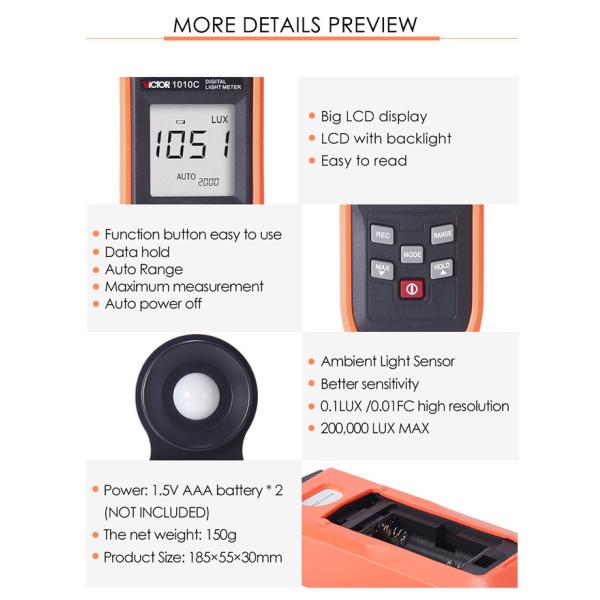 VICTOR 1010C Digital Light Meter Pocket LCD Photometer Illuminometer
