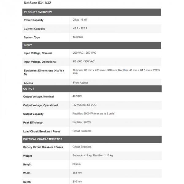 High Efficiency Vertiv Netsure 531 A32-S1 90A DC 6KW Telecom Power System
