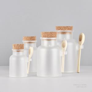 Quality Wholesale Frost ABS Plastic Bath Salt Container Jars with Wood Spoon and Cork Lid 100ml 200ml for Cosmetic Packaging for sale