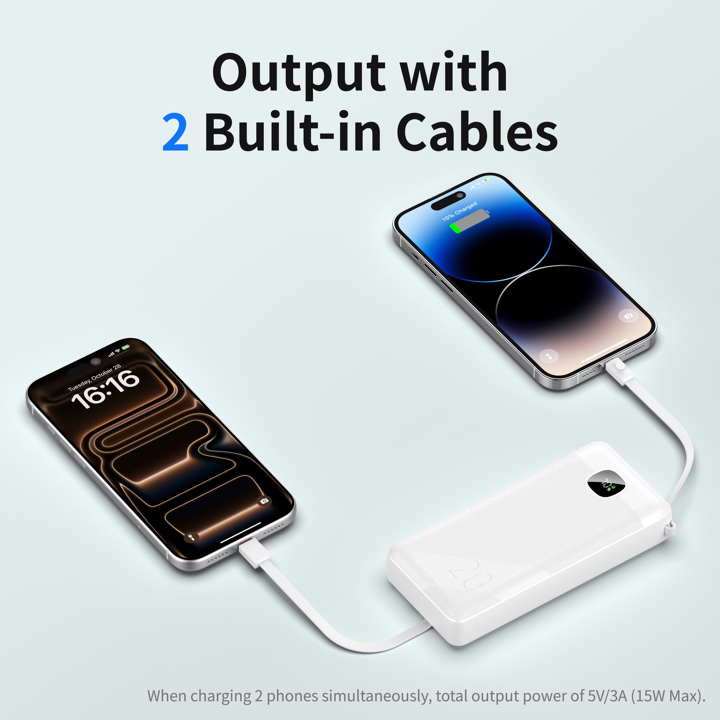 Portable 20000mAh External Battery Pack, 3 Pre‑Built Charging Cables(Type‑C/Lightning/USB), Fast Charge Powerbank with Type‑C Input Output & USB‑A