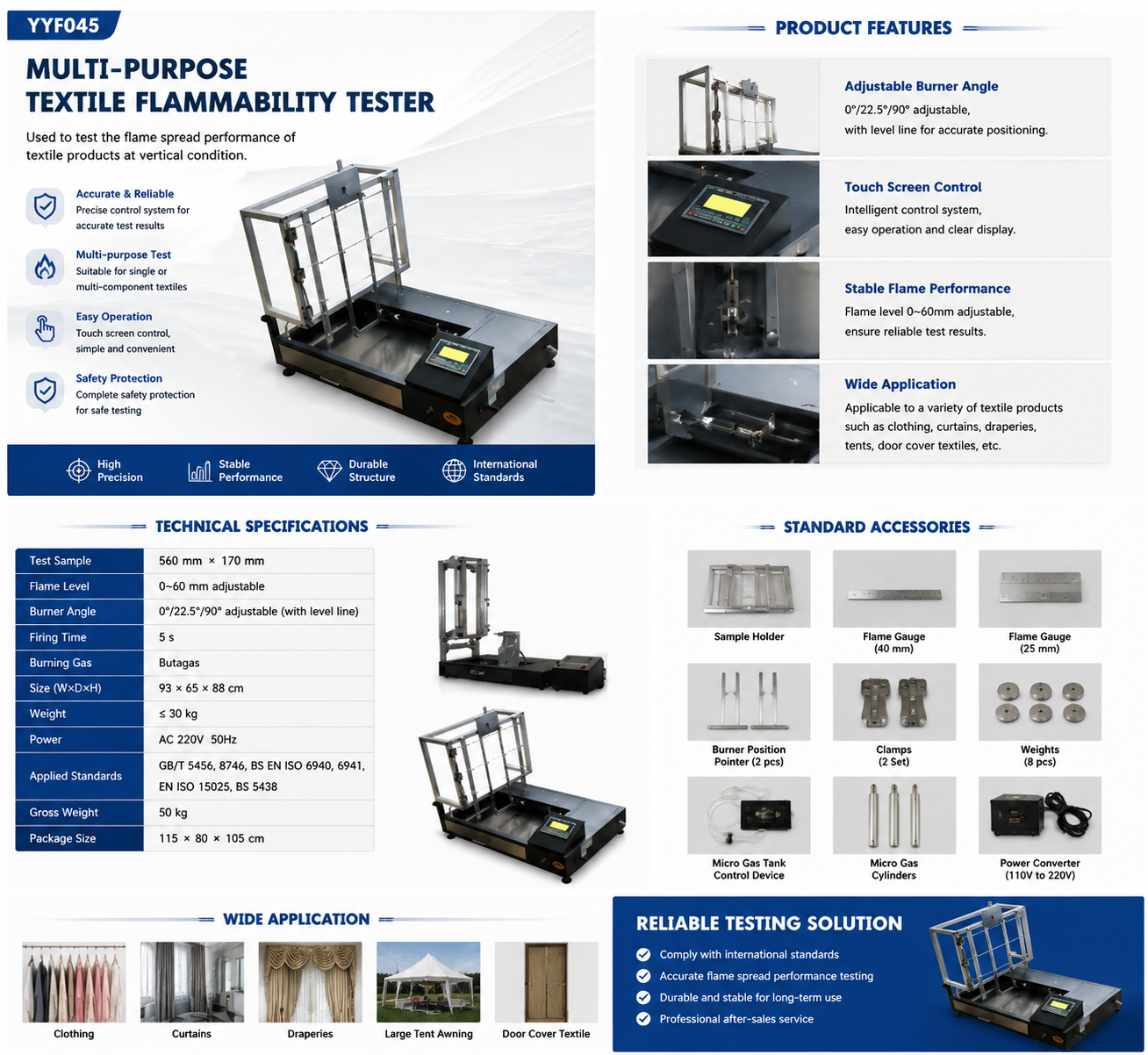 Multi-Purpose Textile Flammability Tester ISO 6940 ISO 6941 Textile Flame Spread Testing Equipment