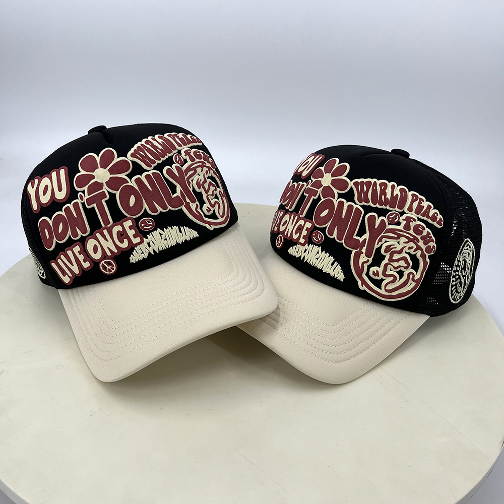 Printed Foam Mesh 5 Panel Trucker Cap Puff Printing Snapback Structured Cap