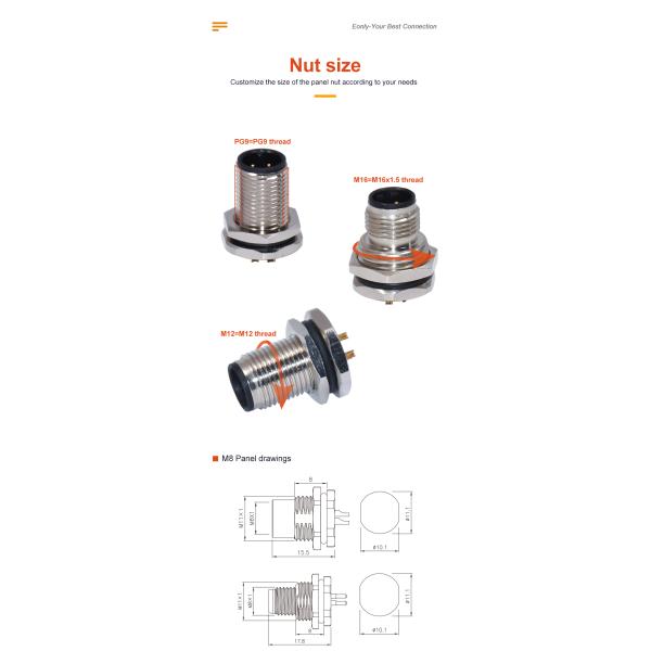 M12 A Code Waterproof Connector 3-17 Pin IP67/IP68 DIN Panel Mount