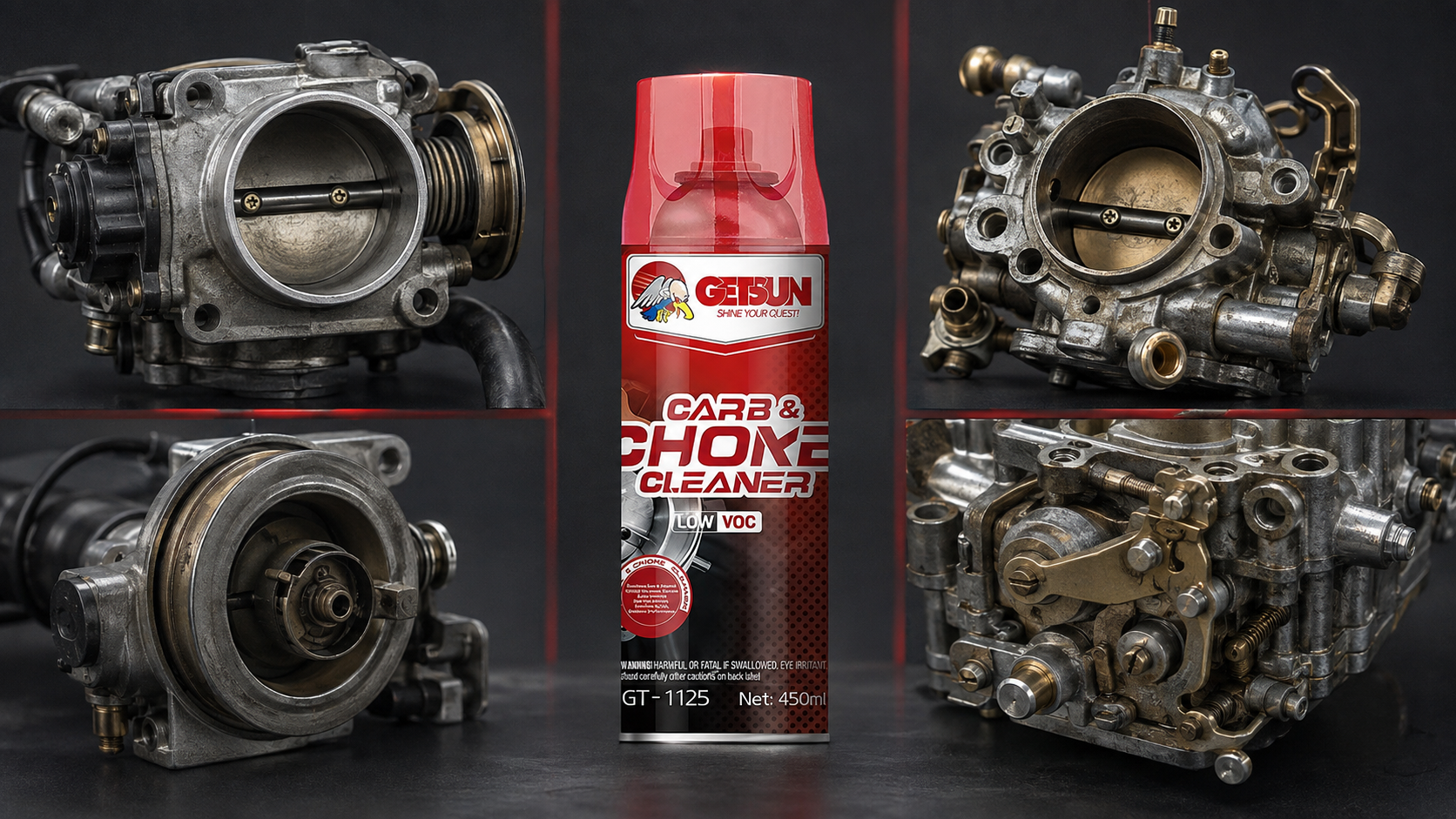 Carburetor cleaner shown with throttle body, carburetor, choke and linkage components