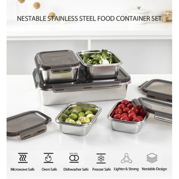 IKOO Leak Proof Stackable Lightweight Stainless Steel Food Storage Container Set for Meal Prep