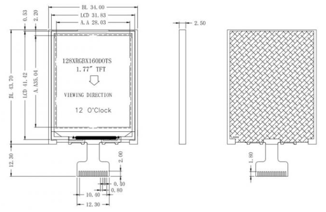1.77 Inch TFT Display technical drawing