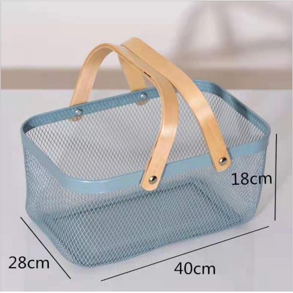 Rectangular Rustproof 750g Metal Wire Fruit Basket With Wood Handle