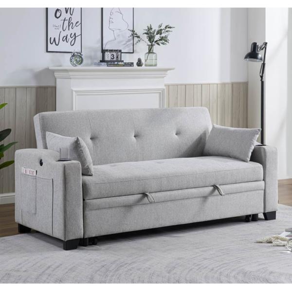 Queen Size Convertible Sleeper Sofa Bed, Comfortable Pull-Out Bed with Adjustable Backrest and USB Charging Port and Cup Holders, Futon Sofa Bed, Gray