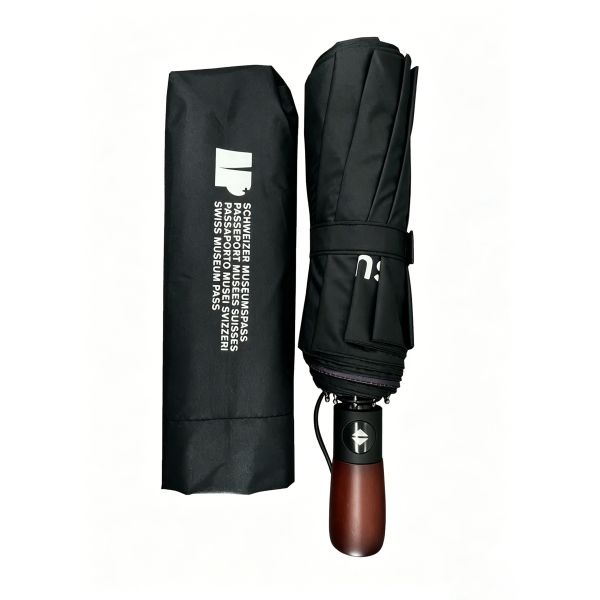 Auto open close custom printed logo umbrella solid wood handle, compact fold custom corporate gift umbrella