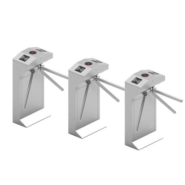Compact security tripod turnstile gate barrier showing stainless steel construction and design details