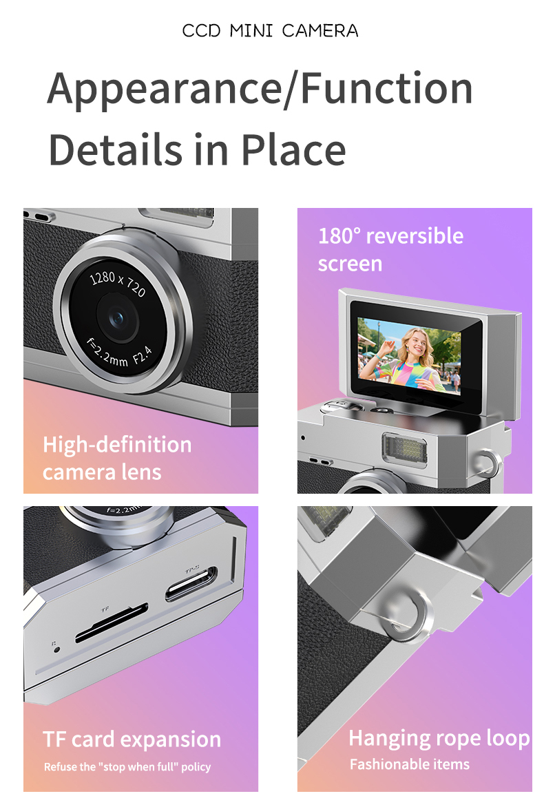 Portable 4K Vlog Camera 48MP CCD Sensor 2.4 Inch Rotatable Screen 8X Digital Zoom Electronic Anti-Shake Smile Capture