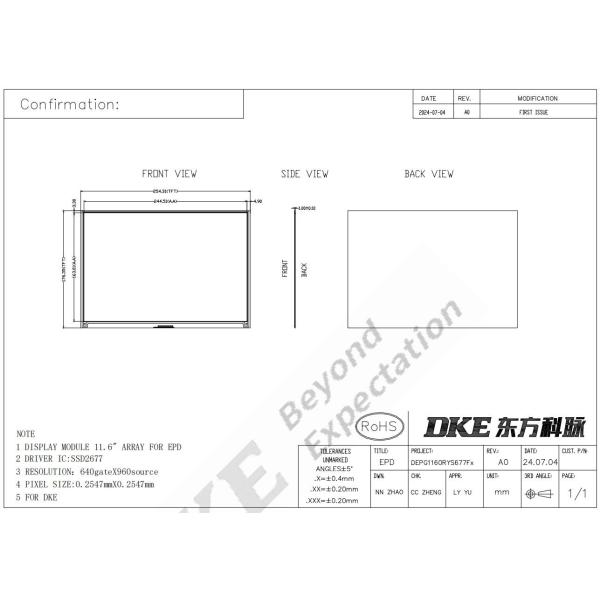 11.6'' 4 Color 960*640 TFT MCU High Contrast Interface E-paper Display EPD