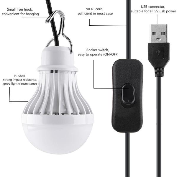 5W USB Switch Dimmable LED Light Bulbs Portable Hook Design For Camping