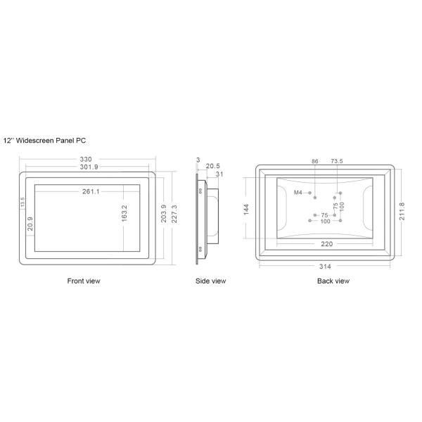 Fanless 12 Inch Panel Mount Touch Screen PC 1280*800 Resolution 2G DDR3 Memory