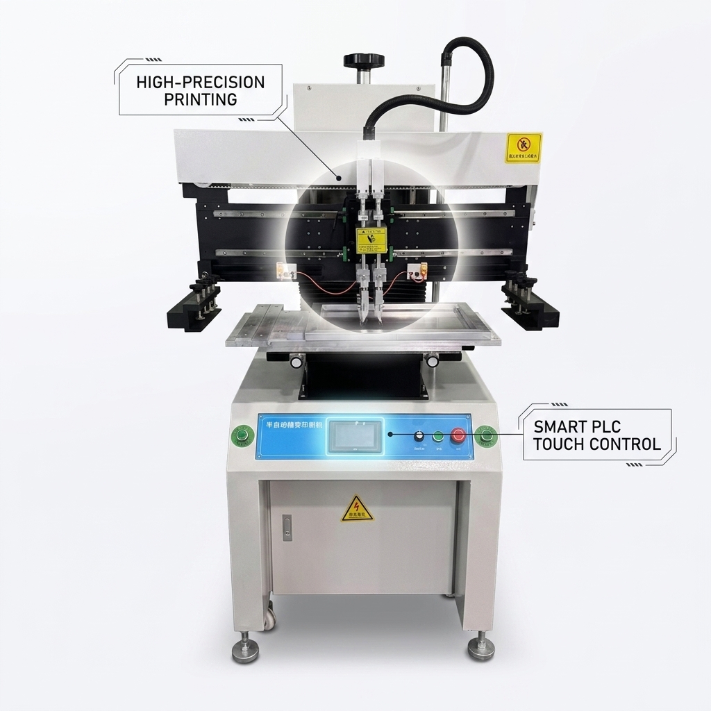 Fully automatic solder paste printer with post-printing inspection function.