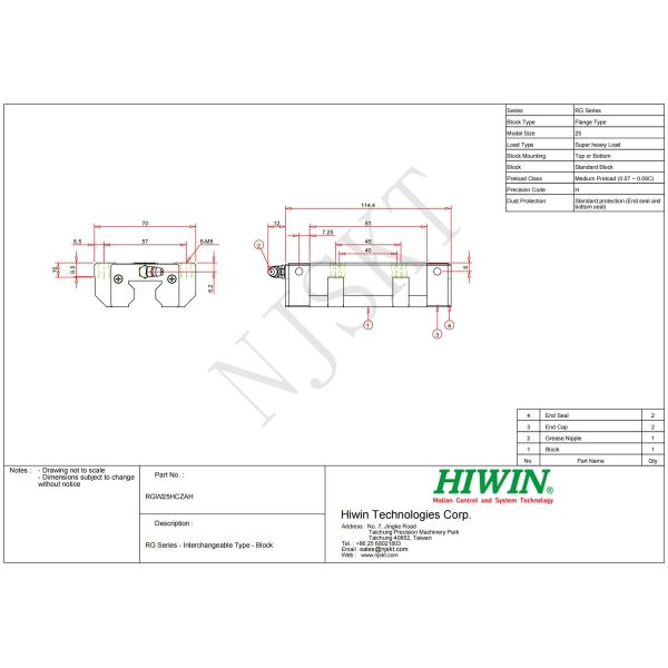 HIWIN RGW25HC Linear Guide Rail Standard High Performance