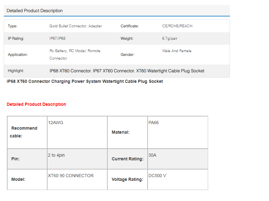 IP68 XT60 Connector Charging Power System Watertight Cable Plug Socket