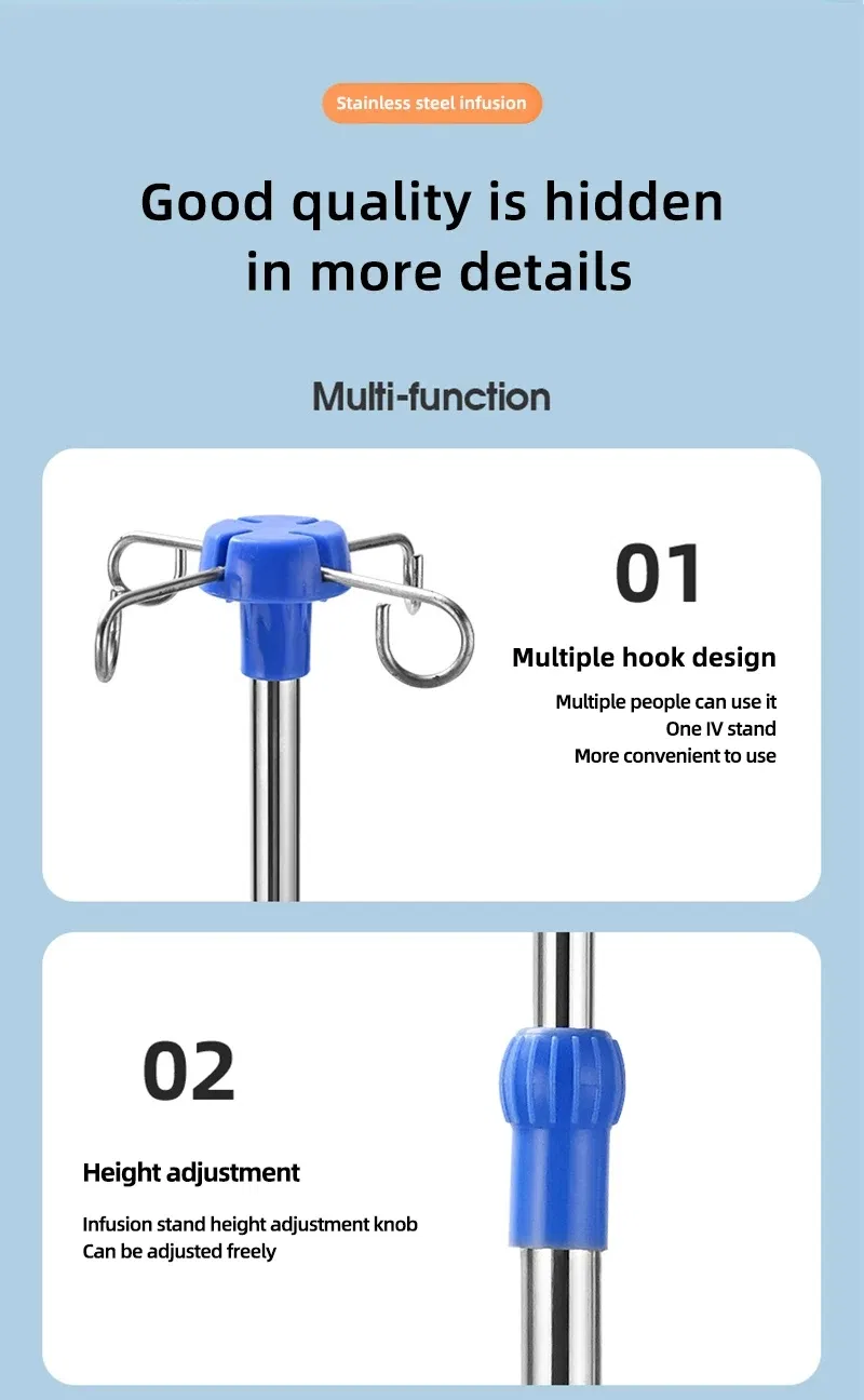Adjustable Height Hospital Infusion Stand Easy to Move and Power Type Without Power in Blue