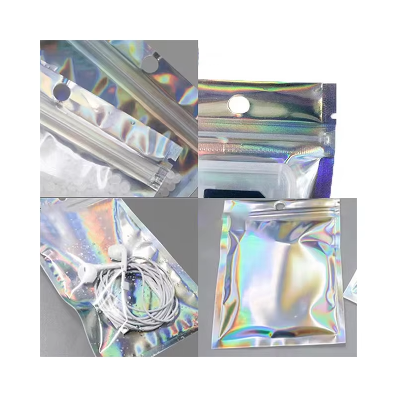 Factory Customized Rainbow Color Flat Dust Resistant Plastic Clear Laser Holographic Zipper Bag Mylar Bag