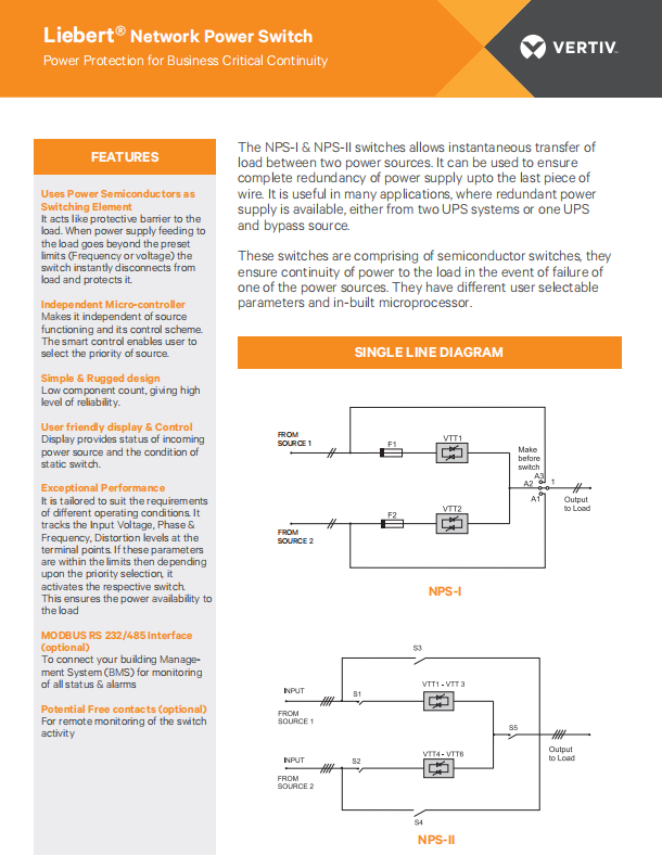 Vertiv Liebert NPS-I R31 Static Transfer Switch with 32A Max Current 240V Max Voltage and IP20 Protection