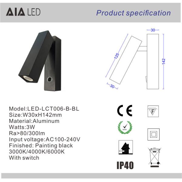 Surface mounted hotel wall reading light 3W flexible headboard wall lamp dimmable led bedside wall light