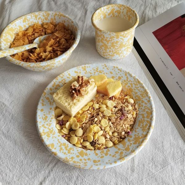Custom Color Marble Coating Enamel Plate Bowl Mug Set Enamelware Dinnerware Sets