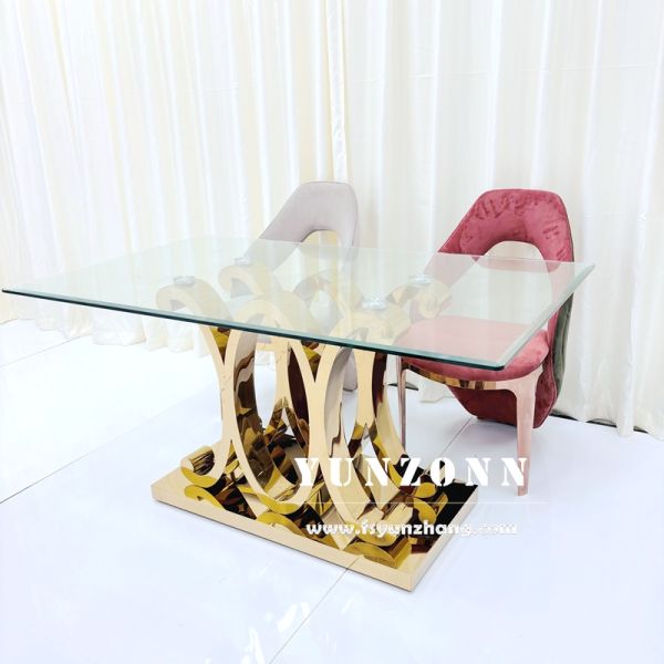 Modern Luxury Gold Legs Rectangular Dining Decor Glass Tables Set Stainless Steel Tables for Events Wedding Banquet Decorations